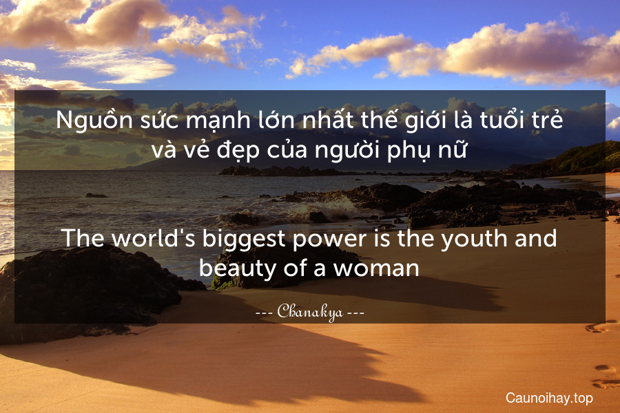 Nguồn sức mạnh lớn nhất thế giới là tuổi trẻ và vẻ đẹp của người phụ nữ.
-
The world's biggest power is the youth and beauty of a woman.