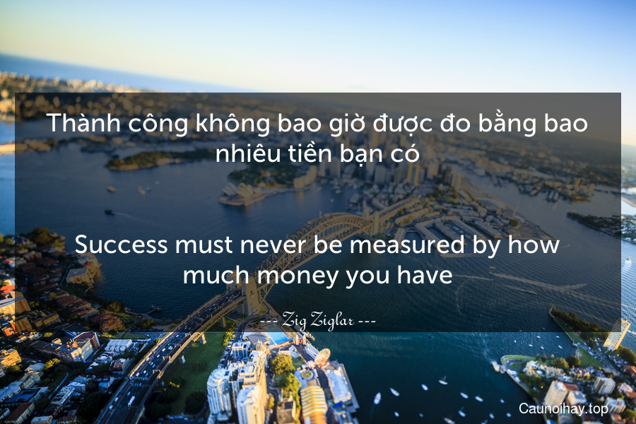 Thành công không bao giờ được đo bằng bao nhiêu tiền bạn có.
-
Success must never be measured by how much money you have.