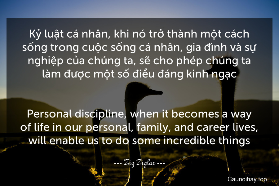 Kỷ luật cá nhân, khi nó trở thành một cách sống trong cuộc sống cá nhân, gia đình và sự nghiệp của chúng ta, sẽ cho phép chúng ta làm được một số điều đáng kinh ngạc.
-
Personal discipline, when it becomes a way of life in our personal, family, and career lives, will enable us to do some incredible things.