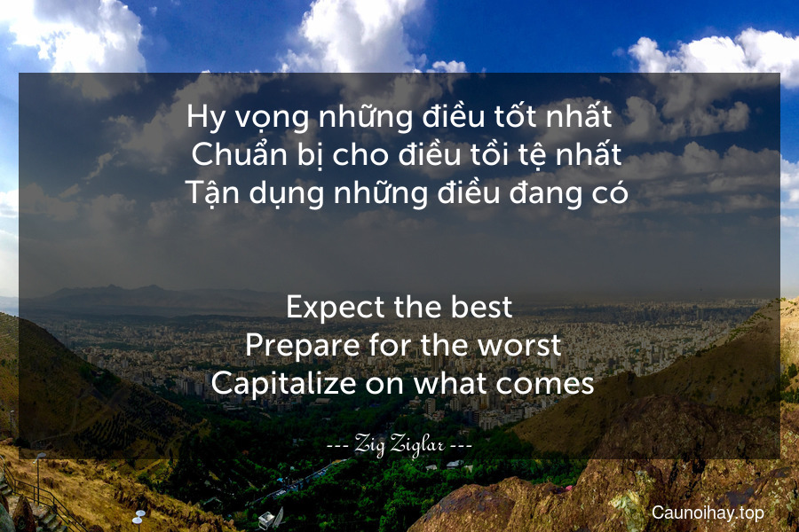 Hy vọng những điều tốt nhất.  Chuẩn bị cho điều tồi tệ nhất.  Tận dụng những điều đang có.
-
Expect the best. Prepare for the worst. Capitalize on what comes.