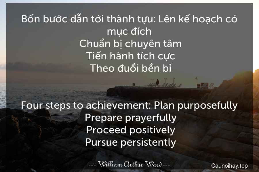 Bốn bước dẫn tới thành tựu: Lên kế hoạch có mục đích. Chuẩn bị chuyên tâm. Tiến hành tích cực. Theo đuổi bền bỉ.
-
Four steps to achievement: Plan purposefully. Prepare prayerfully. Proceed positively. Pursue persistently.