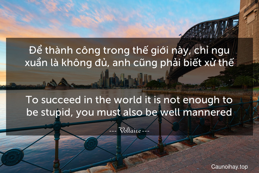 Để thành công trong thế giới này, chỉ ngu xuẩn là không đủ, anh cũng phải biết xử thế.
-
To succeed in the world it is not enough to be stupid, you must also be well-mannered.