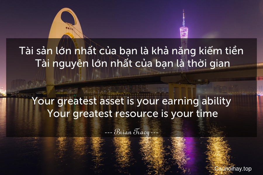 Tài sản lớn nhất của bạn là khả năng kiếm tiền. Tài nguyên lớn nhất của bạn là thời gian.
-
Your greatest asset is your earning ability. Your greatest resource is your time.