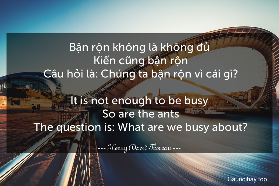 Bận rộn không là không đủ. Kiến cũng bận rộn. Câu hỏi là: Chúng ta bận rộn vì cái gì?
-
It is not enough to be busy. So are the ants. The question is: What are we busy about?