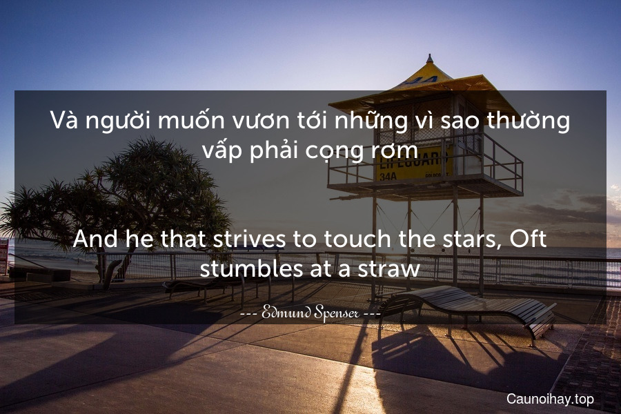 Và người muốn vươn tới những vì sao thường vấp phải cọng rơm.
-
And he that strives to touch the stars, Oft stumbles at a straw.