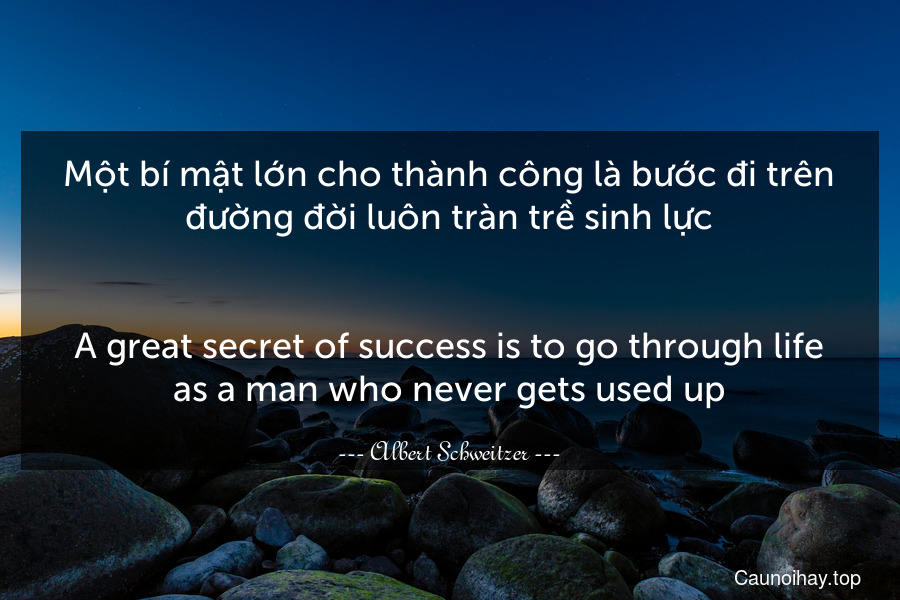 Một bí mật lớn cho thành công là bước đi trên đường đời luôn tràn trề sinh lực.
-
A great secret of success is to go through life as a man who never gets used up.