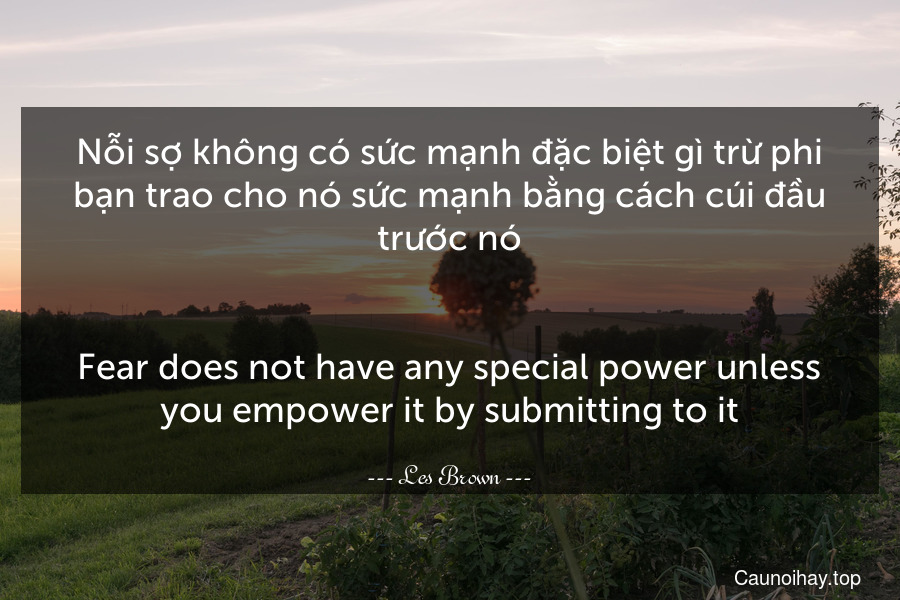 Nỗi sợ không có sức mạnh đặc biệt gì trừ phi bạn trao cho nó sức mạnh bằng cách cúi đầu trước nó.
-
Fear does not have any special power unless you empower it by submitting to it.