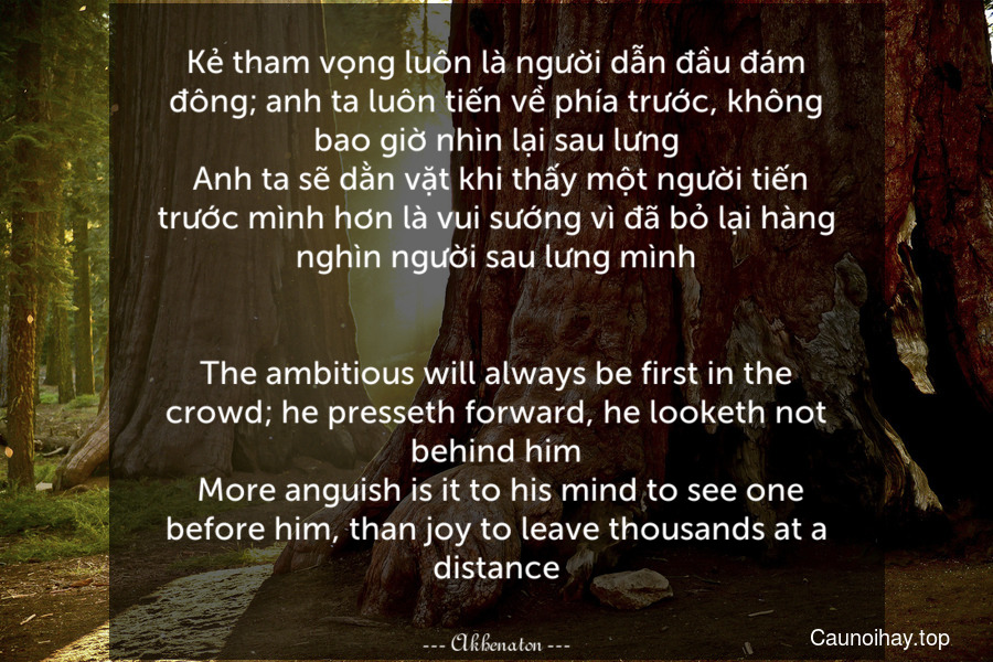 Kẻ tham vọng luôn là người dẫn đầu đám đông; anh ta luôn tiến về phía trước, không bao giờ nhìn lại sau lưng. Anh ta sẽ dằn vặt khi thấy một người tiến trước mình hơn là vui sướng vì đã bỏ lại hàng nghìn người sau lưng mình.
-
The ambitious will always be first in the crowd; he presseth forward, he looketh not behind him. More anguish is it to his mind to see one before him, than joy to leave thousands at a distance.