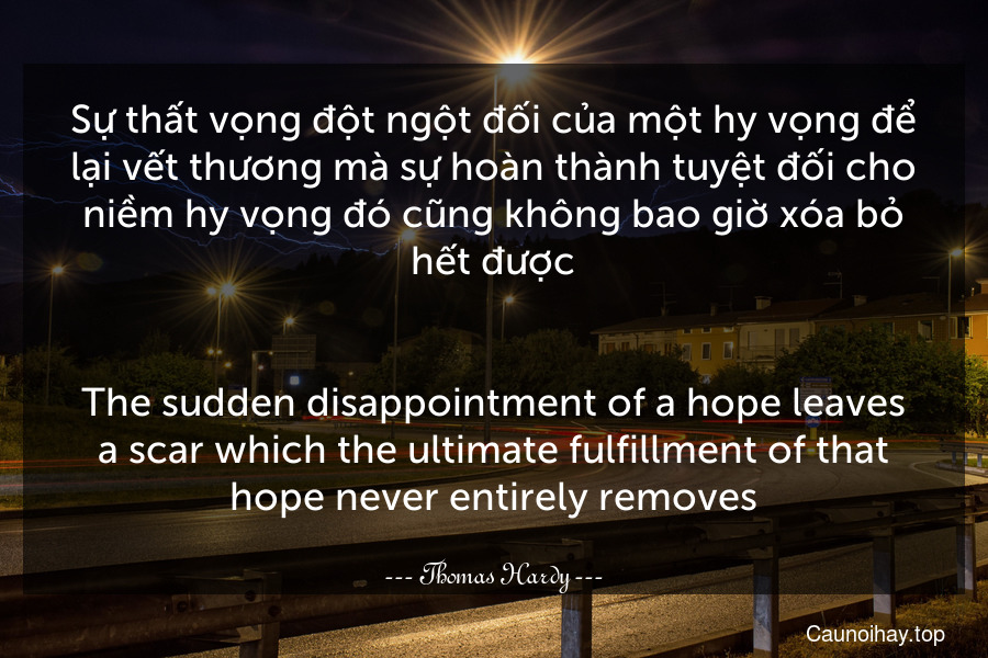 Sự thất vọng đột ngột đối của một hy vọng để lại vết thương mà sự hoàn thành tuyệt đối cho niềm hy vọng đó cũng không bao giờ xóa bỏ hết được.
-
The sudden disappointment of a hope leaves a scar which the ultimate fulfillment of that hope never entirely removes.