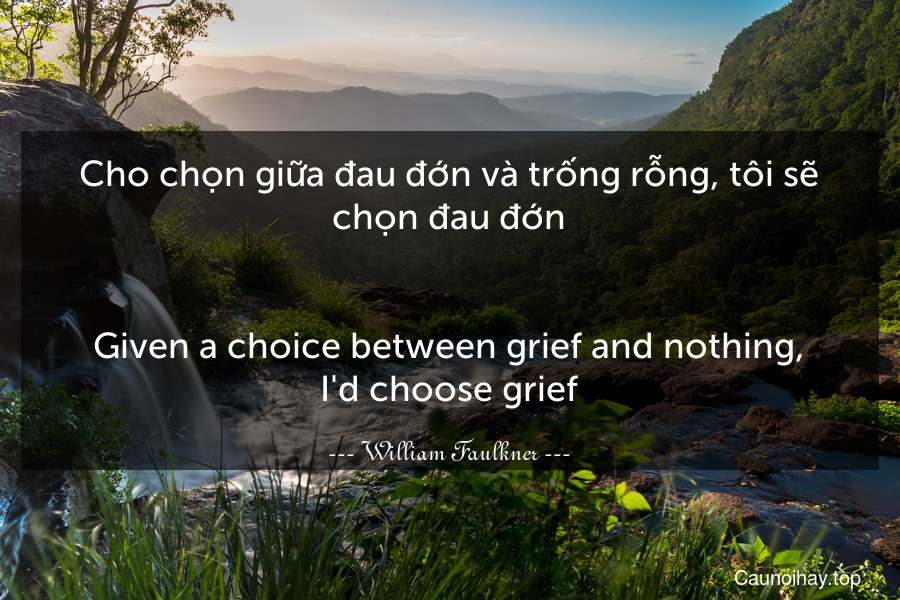 Cho chọn giữa đau đớn và trống rỗng, tôi sẽ chọn đau đớn.
-
Given a choice between grief and nothing, I'd choose grief.