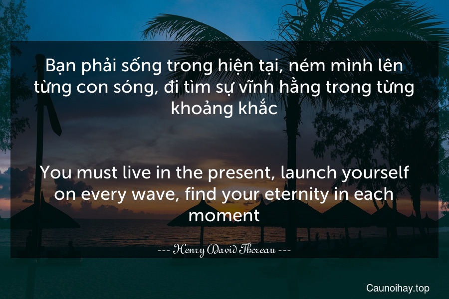 Bạn phải sống trong hiện tại, ném mình lên từng con sóng, đi tìm sự vĩnh hằng trong từng khoảng khắc.
-
You must live in the present, launch yourself on every wave, find your eternity in each moment.
