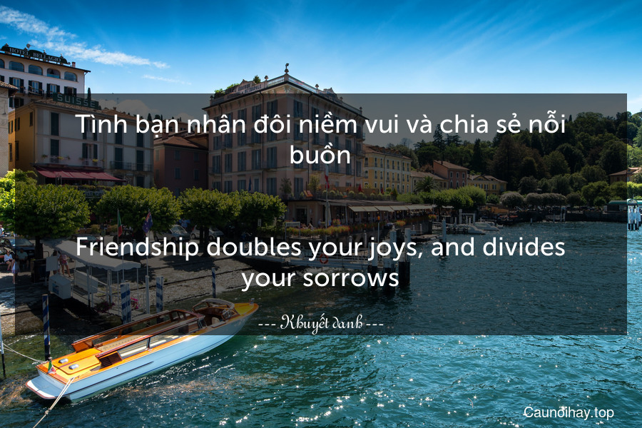 Tình bạn nhân đôi niềm vui và chia sẻ nỗi buồn.
-
Friendship doubles your joys, and divides your sorrows.