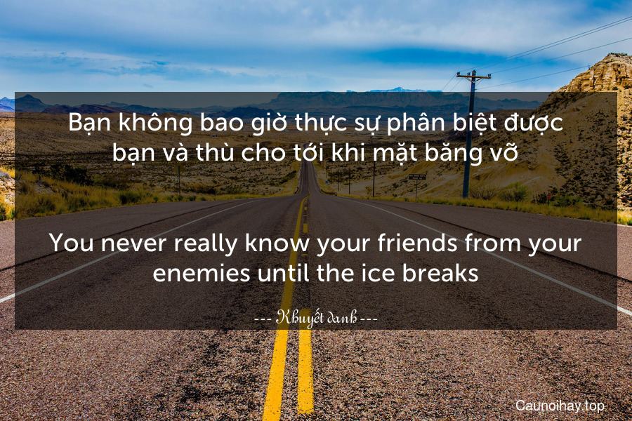 Bạn không bao giờ thực sự phân biệt được bạn và thù cho tới khi mặt băng vỡ.
-
You never really know your friends from your enemies until the ice breaks.