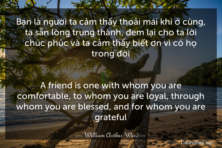 Bạn là người ta cảm thấy thoải mái khi ở cùng, ta sẵn lòng trung thành, đem lại cho ta lời chúc phúc và ta cảm thấy biết ơn vì có họ trong đời.
-
A friend is one with whom you are comfortable, to whom you are loyal, through whom you are blessed, and for whom you are grateful.