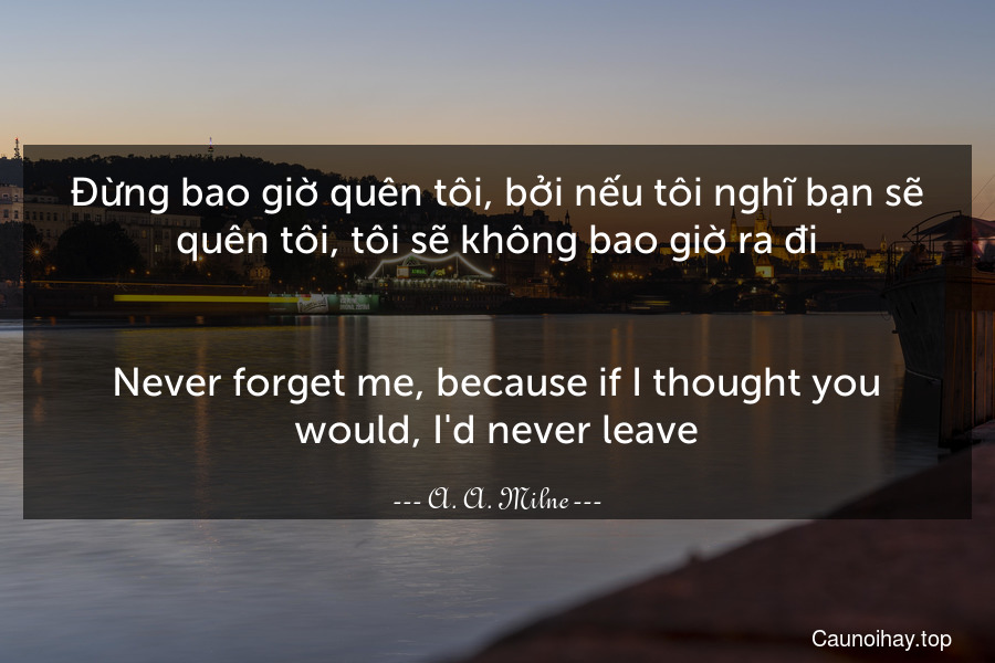 Đừng bao giờ quên tôi, bởi nếu tôi nghĩ bạn sẽ quên tôi, tôi sẽ không bao giờ ra đi.
-
Never forget me, because if I thought you would, I'd never leave.