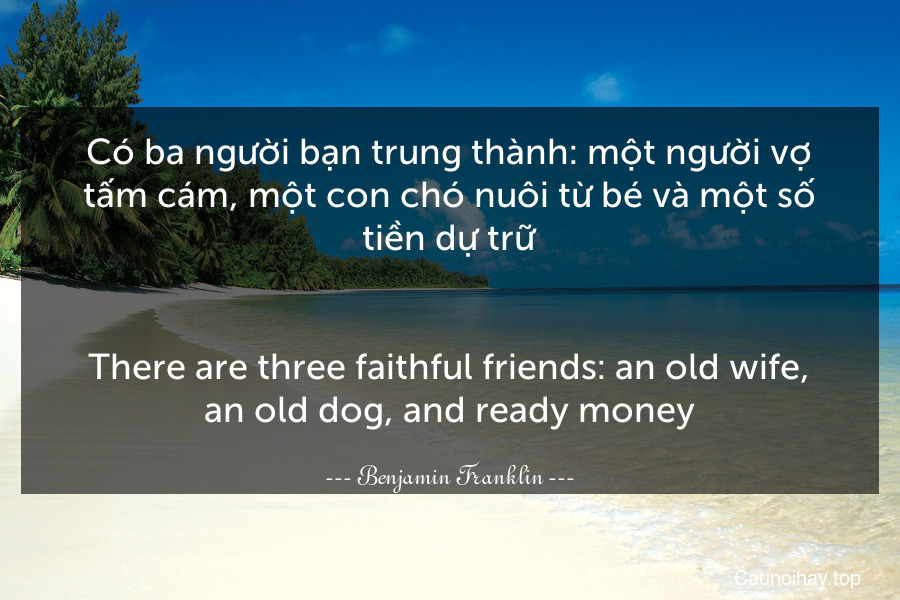 Có ba người bạn trung thành: một người vợ tấm cám, một con chó nuôi từ bé và một số tiền dự trữ.
-
There are three faithful friends: an old wife, an old dog, and ready money.