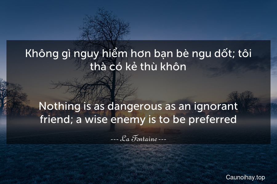 Không gì nguy hiểm hơn bạn bè ngu dốt; tôi thà có kẻ thù khôn.
-
Nothing is as dangerous as an ignorant friend; a wise enemy is to be preferred.