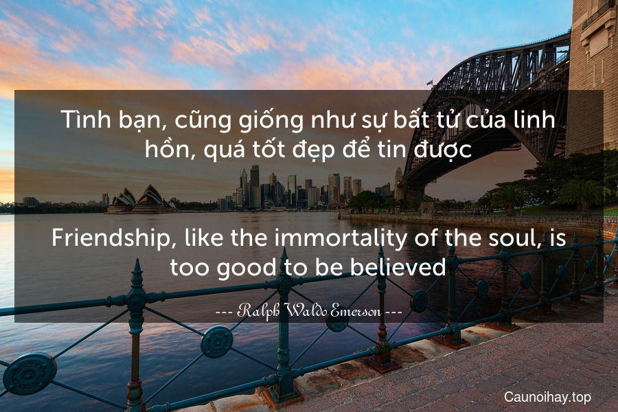 Tình bạn, cũng giống như sự bất tử của linh hồn, quá tốt đẹp để tin được.
-
Friendship, like the immortality of the soul, is too good to be believed.