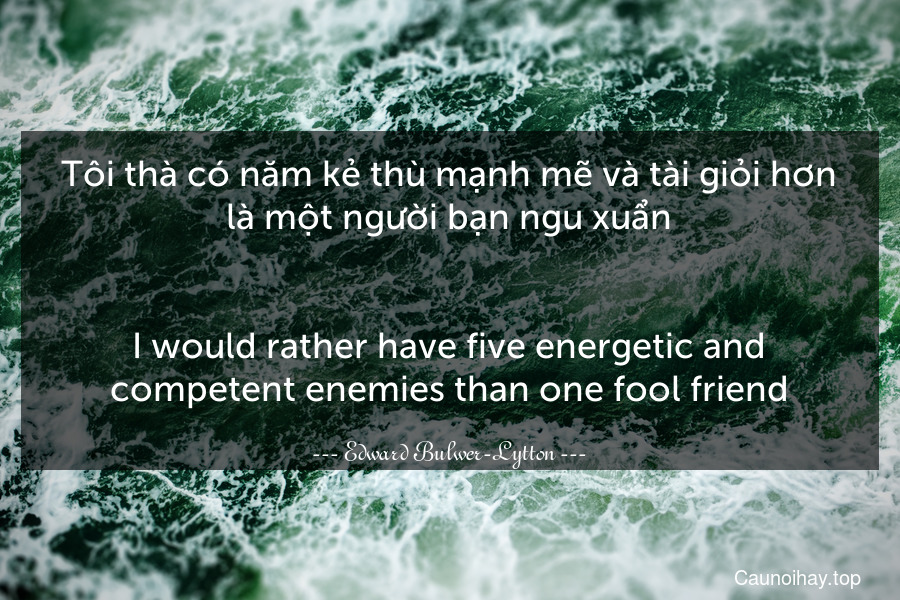Tôi thà có năm kẻ thù mạnh mẽ và tài giỏi hơn là một người bạn ngu xuẩn.
-
I would rather have five energetic and competent enemies than one fool friend.