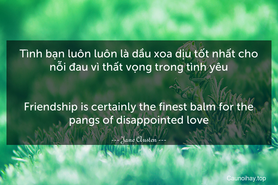 Tình bạn luôn luôn là dầu xoa dịu tốt nhất cho nỗi đau vì thất vọng trong tình yêu.
-
Friendship is certainly the finest balm for the pangs of disappointed love.