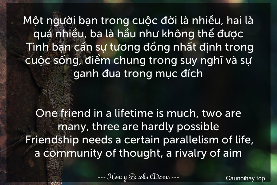 Một người bạn trong cuộc đời là nhiều, hai là quá nhiều, ba là hầu như không thể được. Tình bạn cần sự tương đồng nhất định trong cuộc sống, điểm chung trong suy nghĩ và sự ganh đua trong mục đích.
-
One friend in a lifetime is much, two are many, three are hardly possible. Friendship needs a certain parallelism of life, a community of thought, a rivalry of aim.