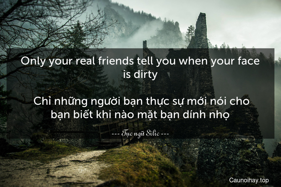 Only your real friends tell you when your face is dirty.
 Chỉ những người bạn thực sự mới nói cho bạn biết khi nào mặt bạn dính nhọ.