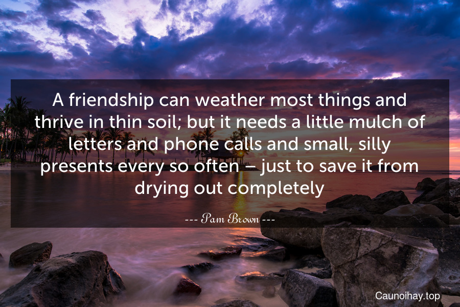 A friendship can weather most things and thrive in thin soil; but it needs a little mulch of letters and phone calls and small, silly presents every so often – just to save it from drying out completely.
