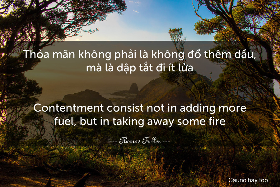 Thỏa mãn không phải là không đổ thêm dầu, mà là dập tắt đi ít lửa.
-
Contentment consist not in adding more fuel, but in taking away some fire.