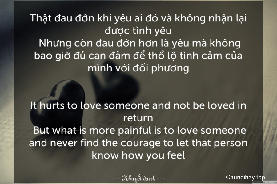 Thật đau đớn khi yêu ai đó và không nhận lại được tình yêu. Nhưng còn đau đớn hơn là yêu mà không bao giờ đủ can đảm để thổ lộ tình cảm của mình với đối phương.
-
It hurts to love someone and not be loved in return. But what is more painful is to love someone and never find the courage to let that person know how you feel.