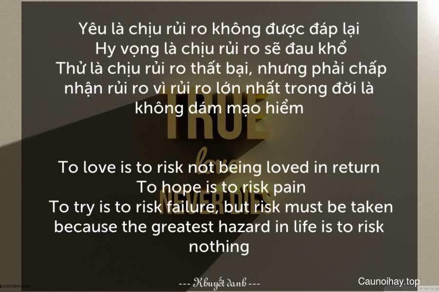 Yêu là chịu rủi ro không được đáp lại. Hy vọng là chịu rủi ro sẽ đau khổ. Thử là chịu rủi ro thất bại, nhưng phải chấp nhận rủi ro vì rủi ro lớn nhất trong đời là không dám mạo hiểm.
-
To love is to risk not being loved in return. To hope is to risk pain. To try is to risk failure, but risk must be taken because the greatest hazard in life is to risk nothing.