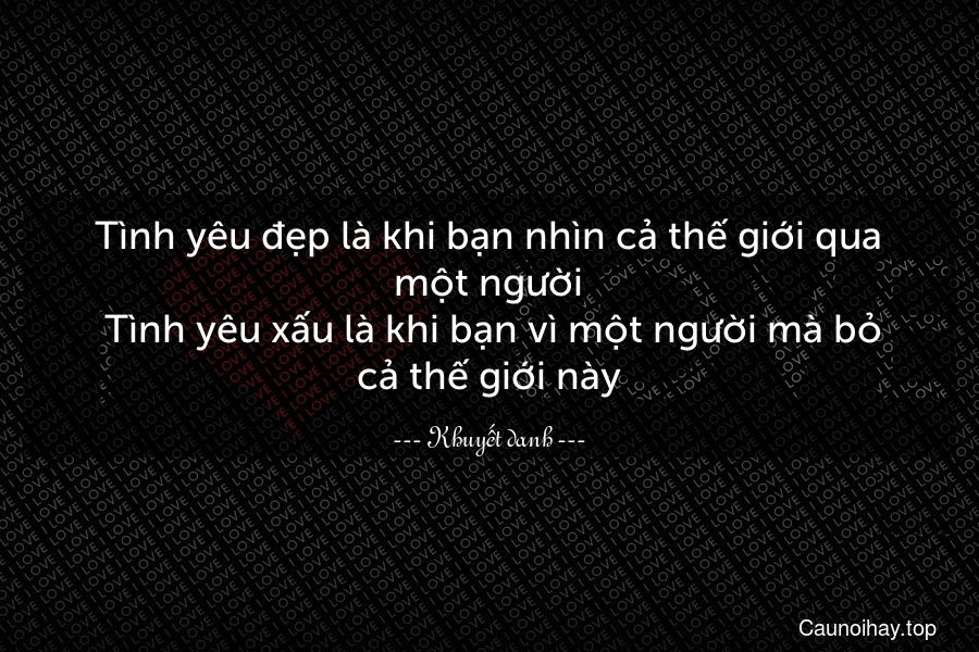 Tình yêu đẹp là khi bạn nhìn cả thế giới qua một người. Tình yêu xấu là khi bạn vì một người mà bỏ cả thế giới này.