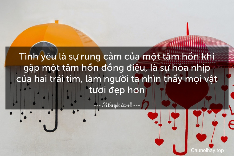 Tình yêu là sự rung cảm của một tâm hồn khi gặp một tâm hồn đồng điệu, là sự hòa nhịp của hai trái tim, làm người ta nhìn thấy mọi vật tươi đẹp hơn.