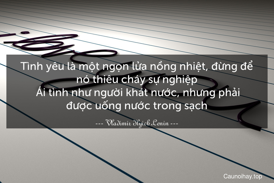 Tình yêu là một ngọn lửa nồng nhiệt, đừng để nó thiêu cháy sự nghiệp. Ái tình như người khát nước, nhưng phải được uống nước trong sạch.