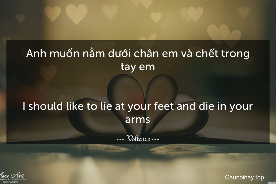 Anh muốn nằm dưới chân em và chết trong tay em.
-
I should like to lie at your feet and die in your arms.