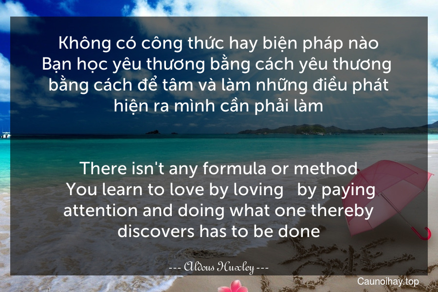 Không có công thức hay biện pháp nào. Bạn học yêu thương bằng cách yêu thương - bằng cách để tâm và làm những điều phát hiện ra mình cần phải làm.
-
There isn't any formula or method. You learn to love by loving - by paying attention and doing what one thereby discovers has to be done.