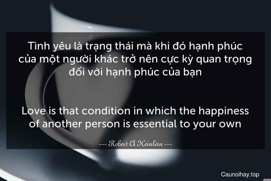 Tình yêu là trạng thái mà khi đó hạnh phúc của một người khác trở nên cực kỳ quan trọng đối với hạnh phúc của bạn.
-
Love is that condition in which the happiness of another person is essential to your own.