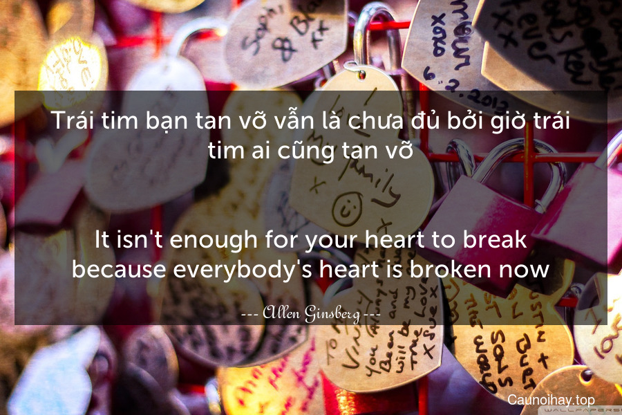 Trái tim bạn tan vỡ vẫn là chưa đủ bởi giờ trái tim ai cũng tan vỡ.
-
It isn't enough for your heart to break because everybody's heart is broken now.