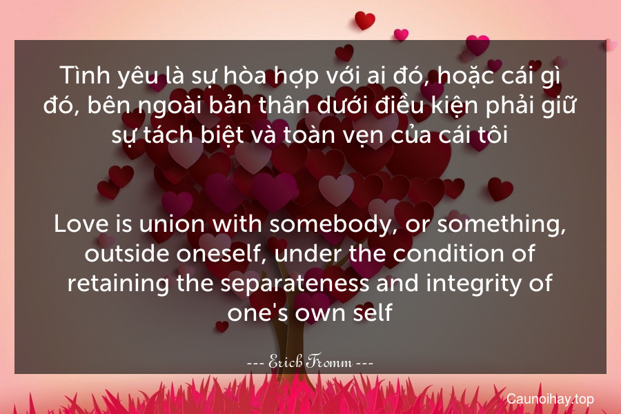 Tình yêu là sự hòa hợp với ai đó, hoặc cái gì đó, bên ngoài bản thân dưới điều kiện phải giữ sự tách biệt và toàn vẹn của cái tôi.
-
Love is union with somebody, or something, outside oneself, under the condition of retaining the separateness and integrity of one's own self.