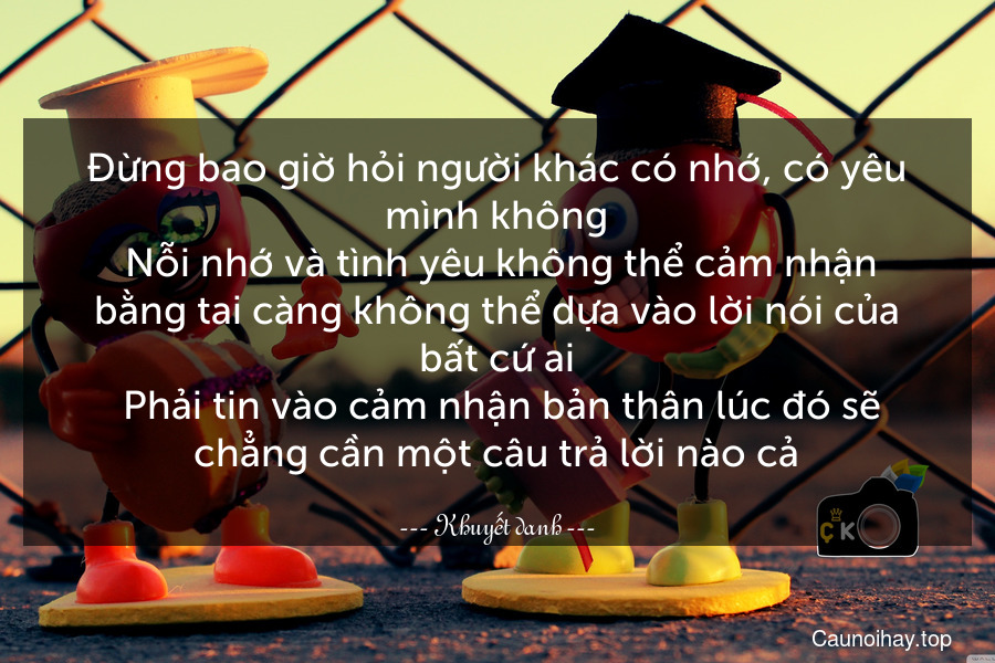 Đừng bao giờ hỏi người khác có nhớ, có yêu mình không. Nỗi nhớ và tình yêu không thể cảm nhận bằng tai càng không thể dựa vào lời nói của bất cứ ai. Phải tin vào cảm nhận bản thân lúc đó sẽ chẳng cần một câu trả lời nào cả.