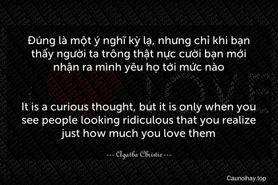 Đúng là một ý nghĩ kỳ lạ, nhưng chỉ khi bạn thấy người ta trông thật nực cười bạn mới nhận ra mình yêu họ tới mức nào.
-
It is a curious thought, but it is only when you see people looking ridiculous that you realize just how much you love them.