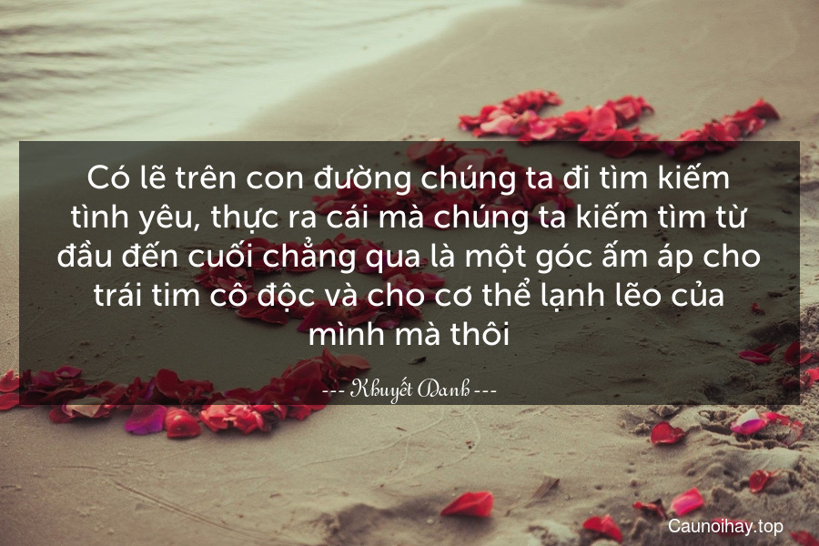 Có lẽ trên con đường chúng ta đi tìm kiếm tình yêu, thực ra cái mà chúng ta kiếm tìm từ đầu đến cuối chẳng qua là một góc ấm áp cho trái tim cô độc và cho cơ thể lạnh lẽo của mình mà thôi.