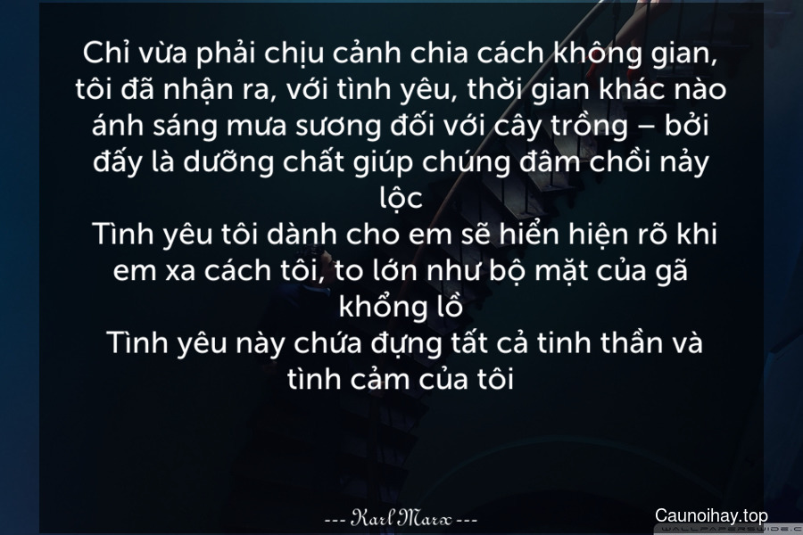 Chỉ vừa phải chịu cảnh chia cách không gian, tôi đã nhận ra, với tình yêu, thời gian khác nào ánh sáng mưa sương đối với cây trồng – bởi đấy là dưỡng chất giúp chúng đâm chồi nảy lộc. Tình yêu tôi dành cho em sẽ hiển hiện rõ khi em xa cách tôi, to lớn như bộ mặt của gã khổng lồ. Tình yêu này chứa đựng tất cả tinh thần và tình cảm của tôi.

 