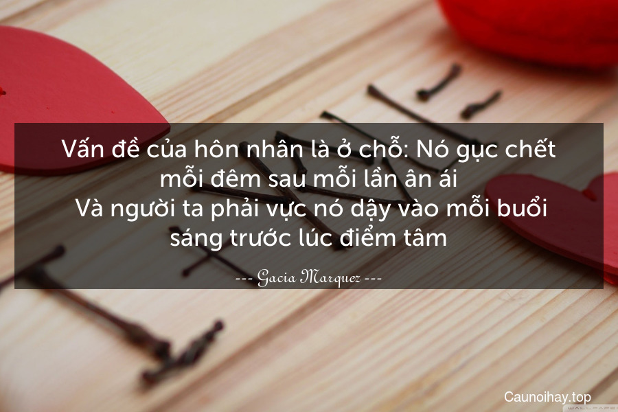 Vấn đề của hôn nhân là ở chỗ: Nó gục chết mỗi đêm sau mỗi lần ân ái. Và người ta phải vực nó dậy vào mỗi buổi sáng trước lúc điểm tâm.