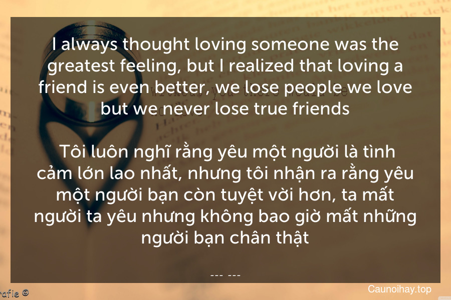 I always thought loving someone was the greatest feeling, but I realized that loving a friend is even better, we lose people we love but we never lose true friends.
 Tôi luôn nghĩ rằng yêu một người là tình cảm lớn lao nhất, nhưng tôi nhận ra rằng yêu một người bạn còn tuyệt vời hơn, ta mất người ta yêu nhưng không bao giờ mất những người bạn chân thật.