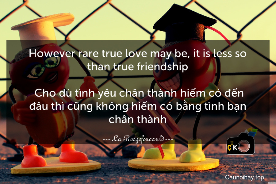 However rare true love may be, it is less so than true friendship.
 Cho dù tình yêu chân thành hiếm có đến đâu thì cũng không hiếm có bằng tình bạn chân thành.