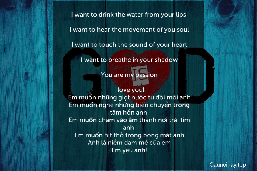 I want to drink the water from your lips.
 I want to hear the movement of you soul.
 I want to touch the sound of your heart.
 I want to breathe in your shadow.
 You are my passion.
 I love you!
 Em muốn những giọt nước từ đôi môi anh. Em muốn nghe những biến chuyển trong tâm hồn anh. Em muốn chạm vào âm thanh nơi trái tim anh. Em muốn hít thở trong bóng mát anh. Anh là niềm đam mê của em. Em yêu anh!