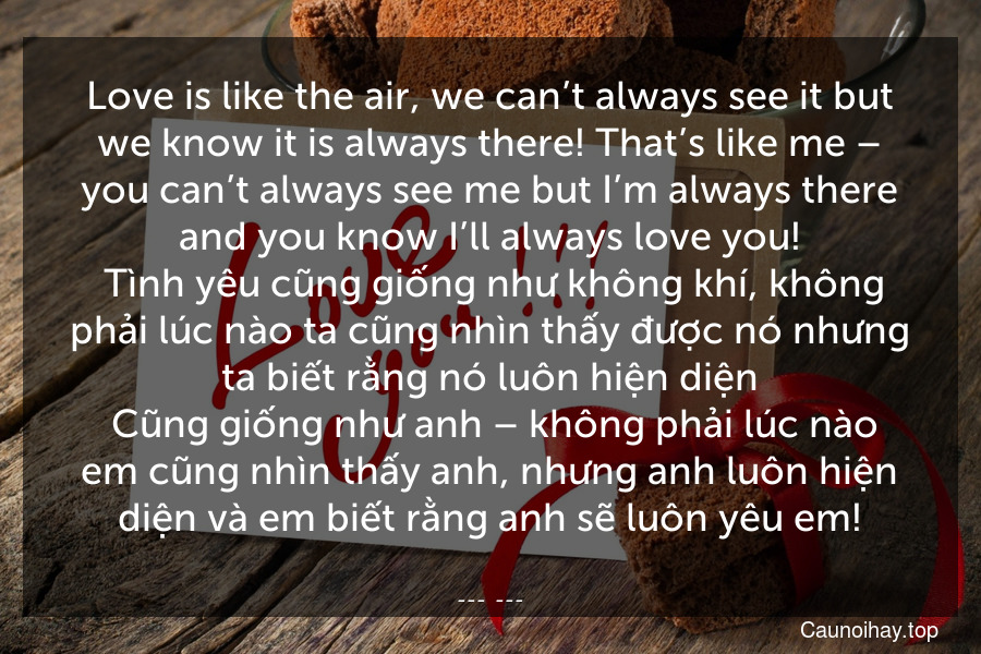 Love is like the air, we can’t always see it but we know it is always there! That’s like me – you can’t always see me but I’m always there and you know I’ll always love you!
 Tình yêu cũng giống như không khí, không phải lúc nào ta cũng nhìn thấy được nó nhưng ta biết rằng nó luôn hiện diện. Cũng giống như anh – không phải lúc nào em cũng nhìn thấy anh, nhưng anh luôn hiện diện và em biết rằng anh sẽ luôn yêu em!