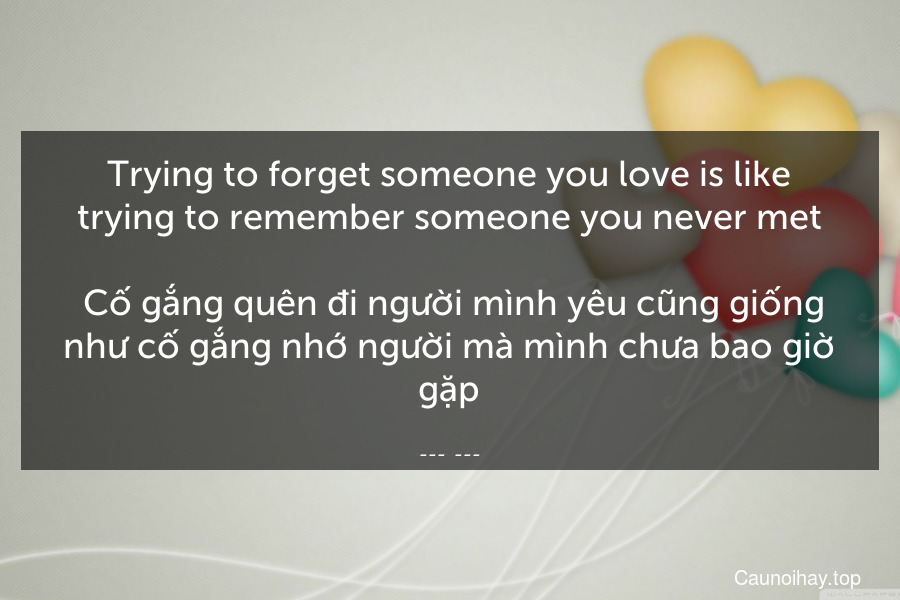 Trying to forget someone you love is like trying to remember someone you never met.
 Cố gắng quên đi người mình yêu cũng giống như cố gắng nhớ người mà mình chưa bao giờ gặp.