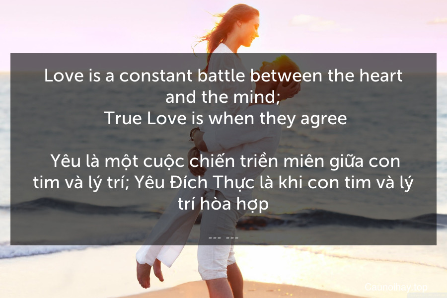 Love is a constant battle between the heart and the mind;
 True Love is when they agree.
 Yêu là một cuộc chiến triền miên giữa con tim và lý trí; Yêu Đích Thực là khi con tim và lý trí hòa hợp.