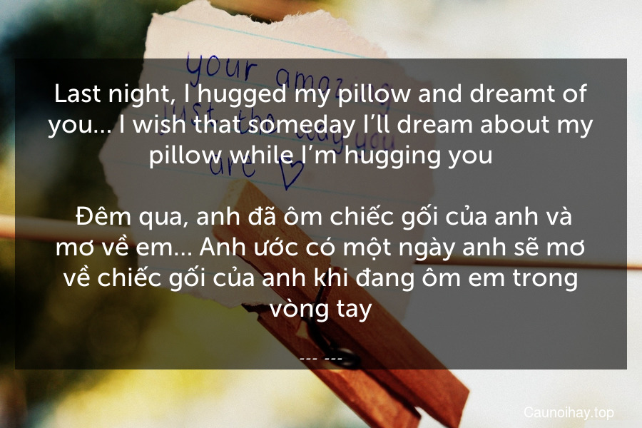 Last night, I hugged my pillow and dreamt of you… I wish that someday I’ll dream about my pillow while I’m hugging you.
 Đêm qua, anh đã ôm chiếc gối của anh và mơ về em… Anh ước có một ngày anh sẽ mơ về chiếc gối của anh khi đang ôm em trong vòng tay.